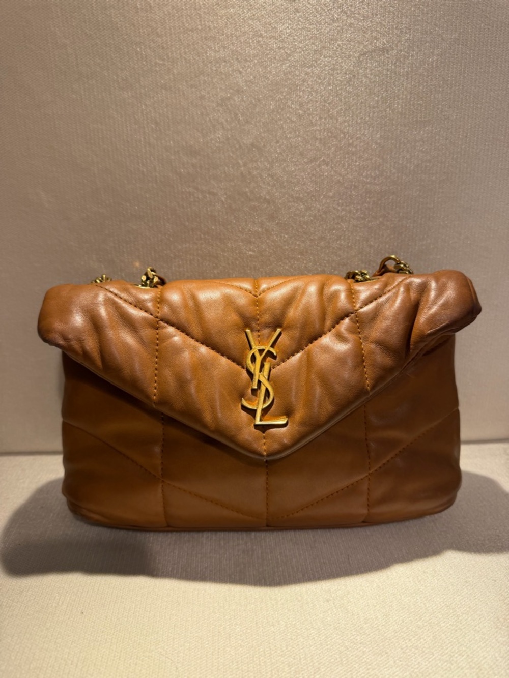 Saint Laurent Tan Quilted Leather Envelope Shoulder Bag with Gold Hardware